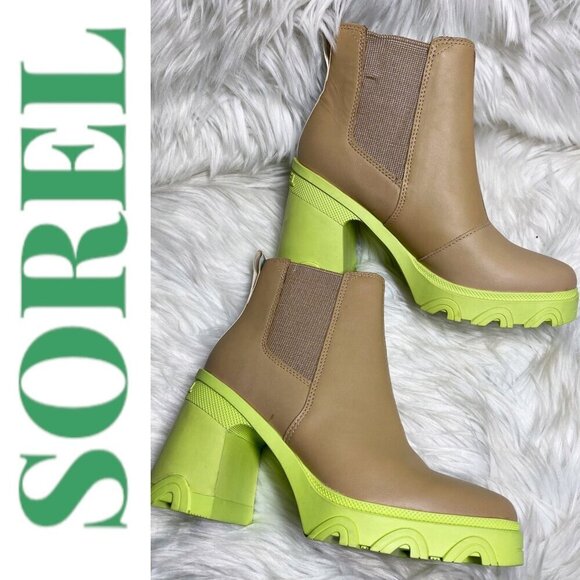NWOB SOREL Brex Chunky Heel Platform Chelsea Bootie Tan Yellow, Size 6.5 - Picture 2 of 11